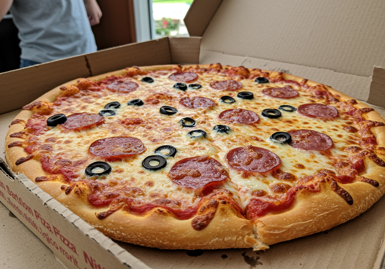 A stack of white boxes of pizza with olives on the topmost pie.