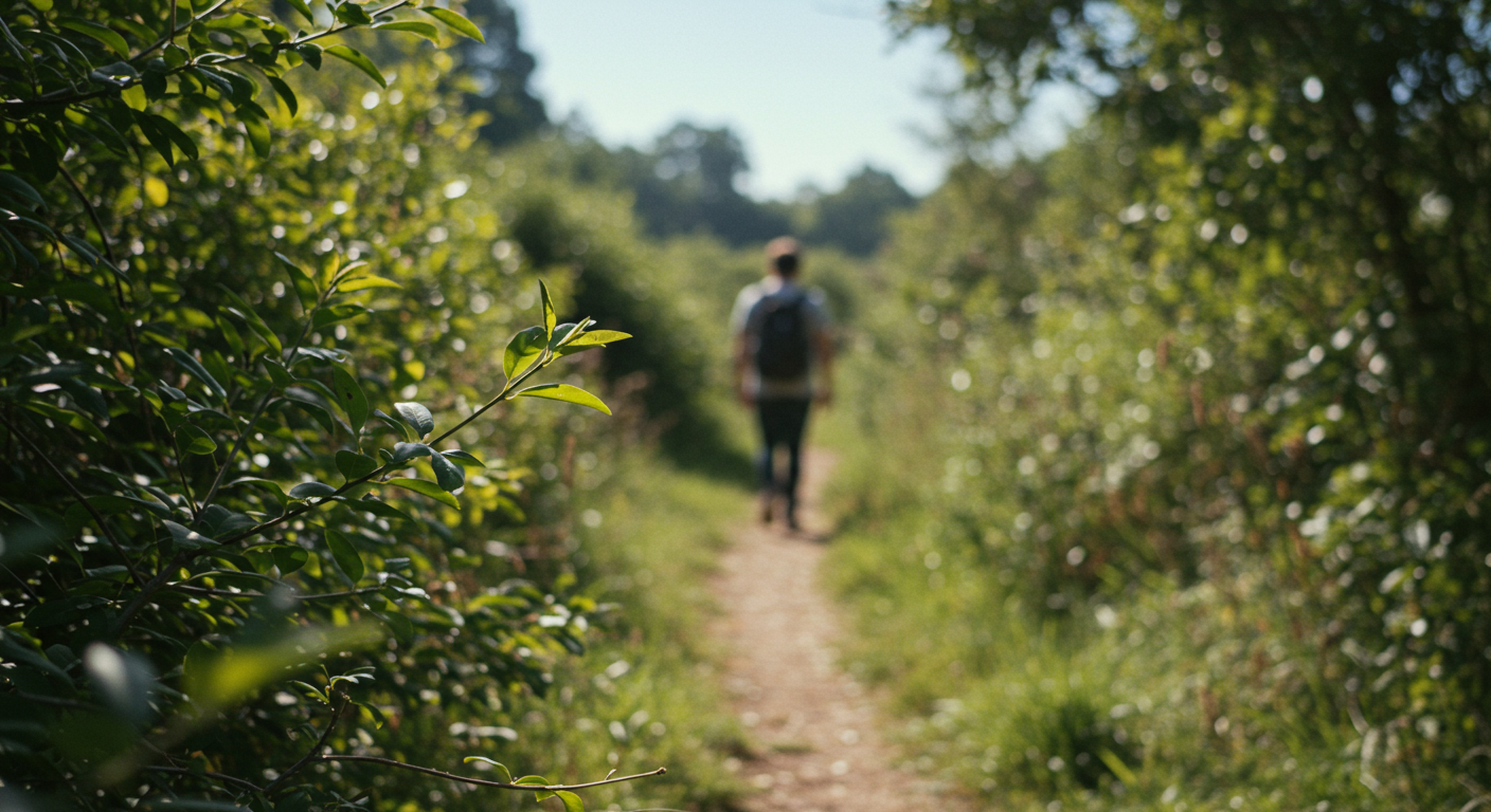 Man walking on a trail with a tree next to him