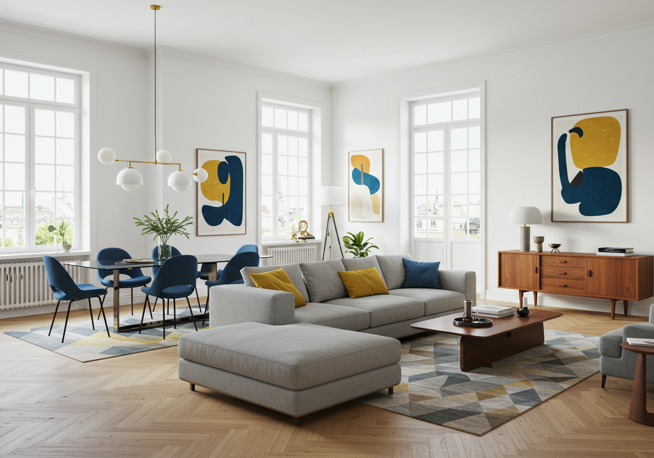 A bright living room and dining room staged with mid-century furnishings