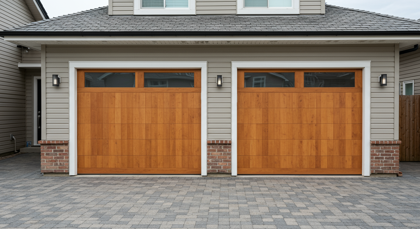 A closed garage with two wooden doors