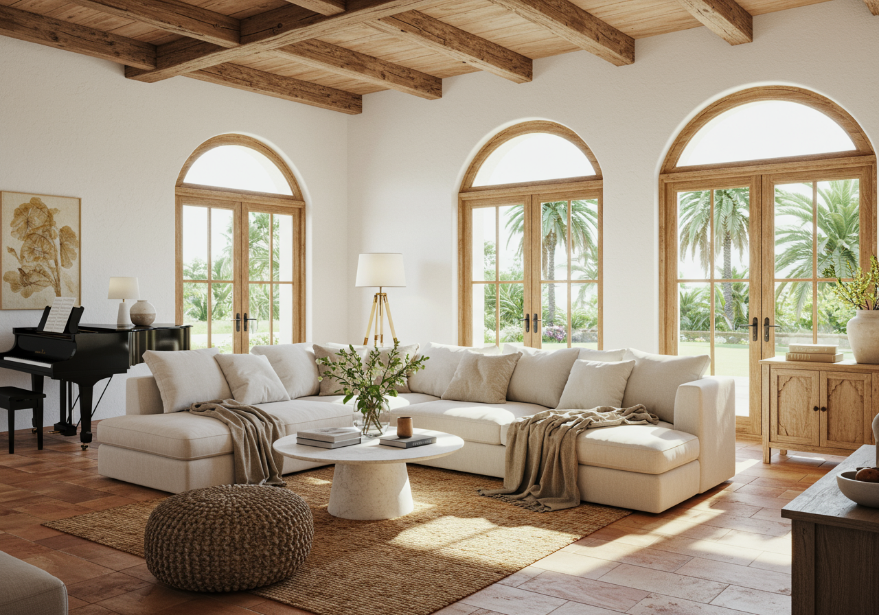 Living room with wood beamed ceilings and large windows 