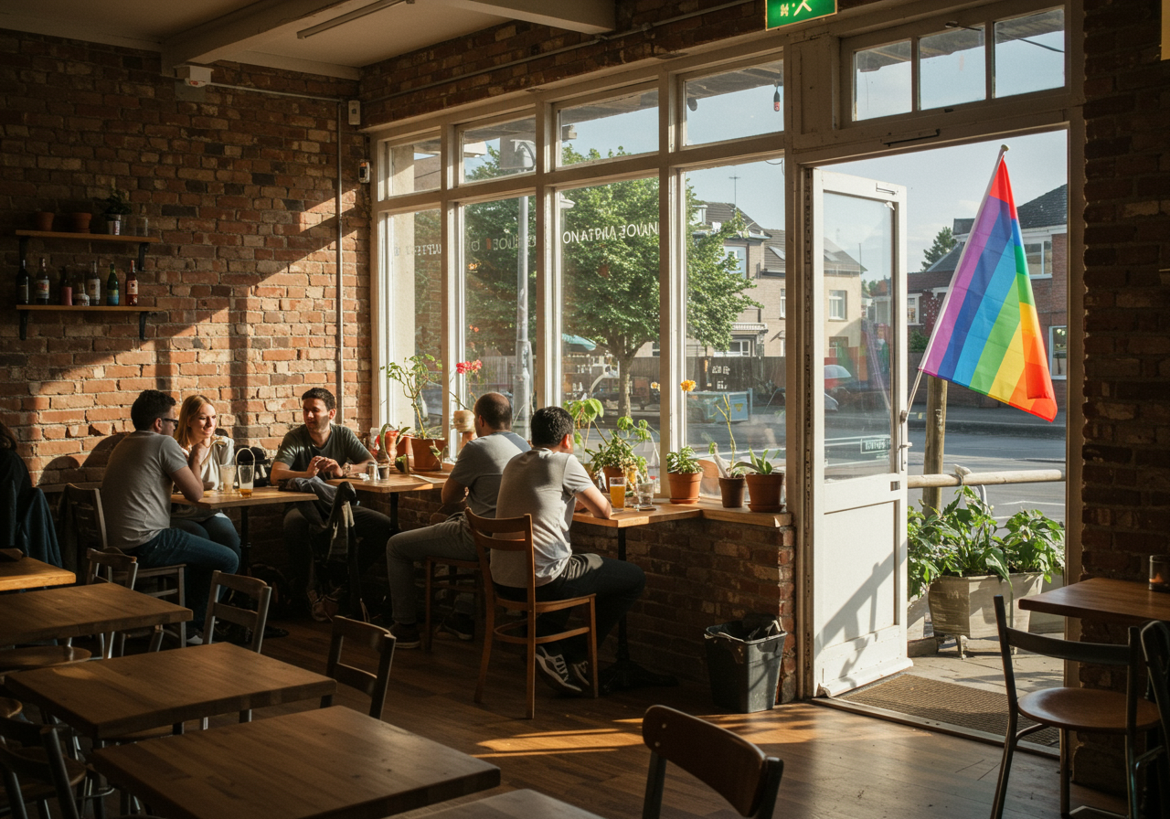 A rainbow flag hangs over the glass door of a narrow bar
