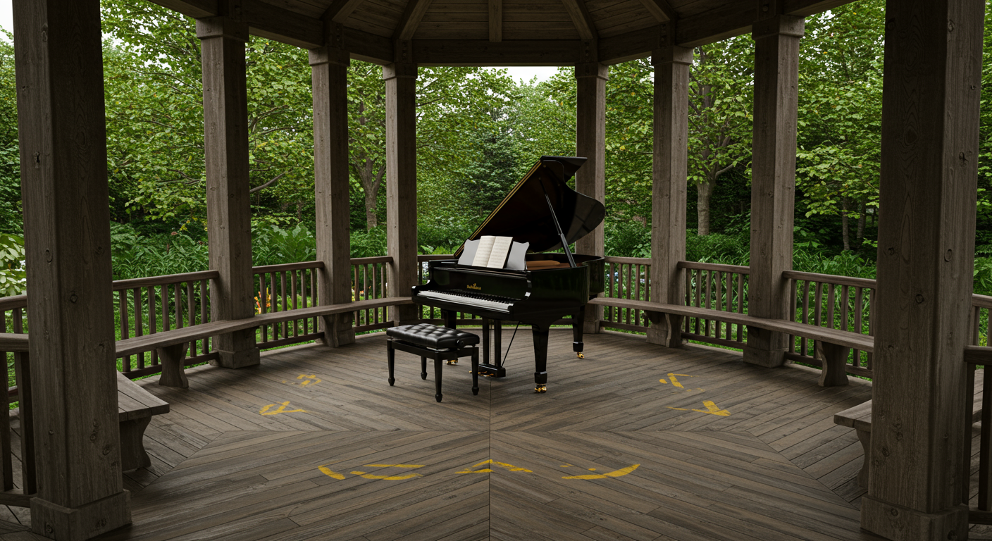 Black grand piano in gazebo at San Francisco Botanical Garden.