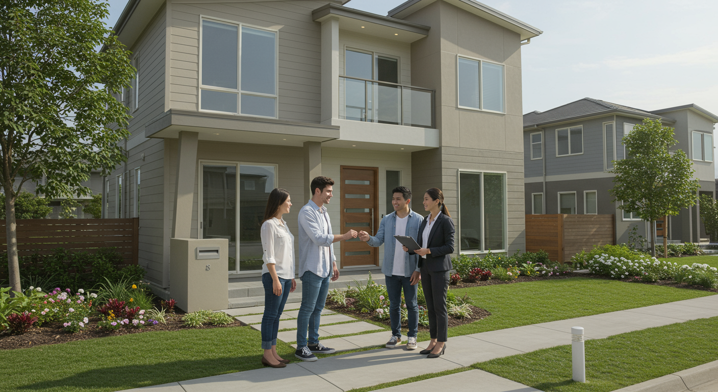  Asian happy smile young couple take keys new big house 