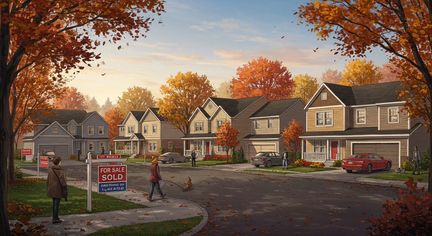 Autumn neighborhood street lined with two-story homes, cars, and a prominent For Sale/Sold sign.