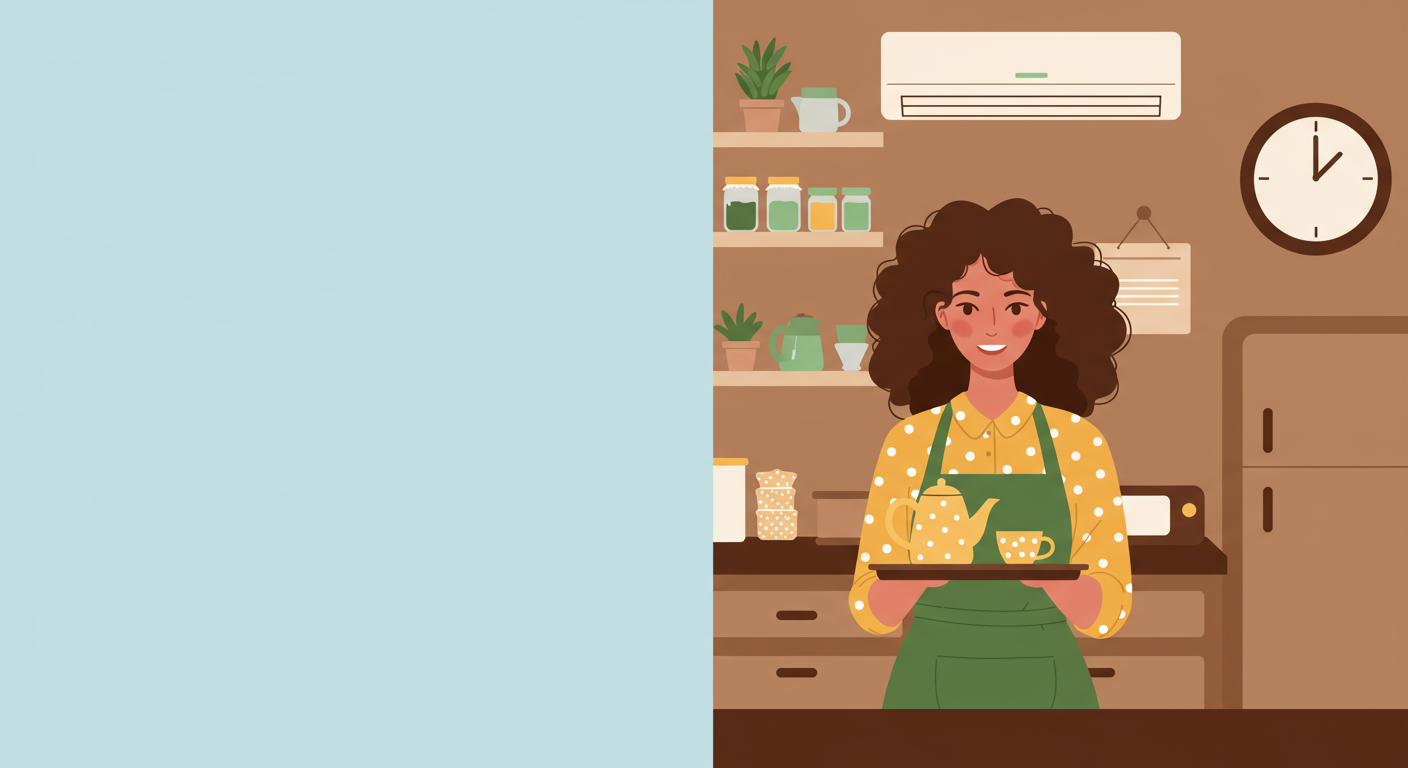 Woman in a green apron holds a tea tray in a kitchen.