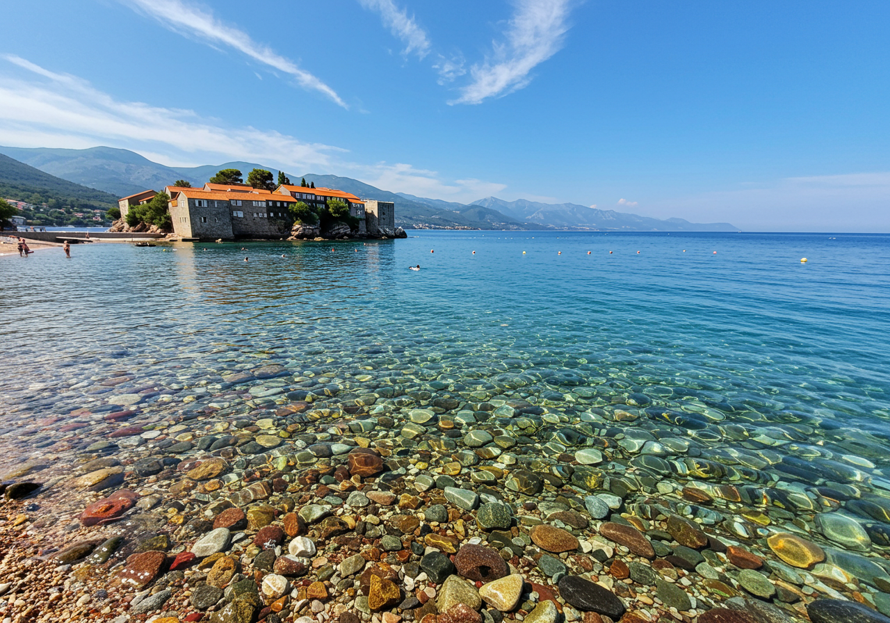 Sveti Stefan beach and island on the Adriatic sea, Montenegro