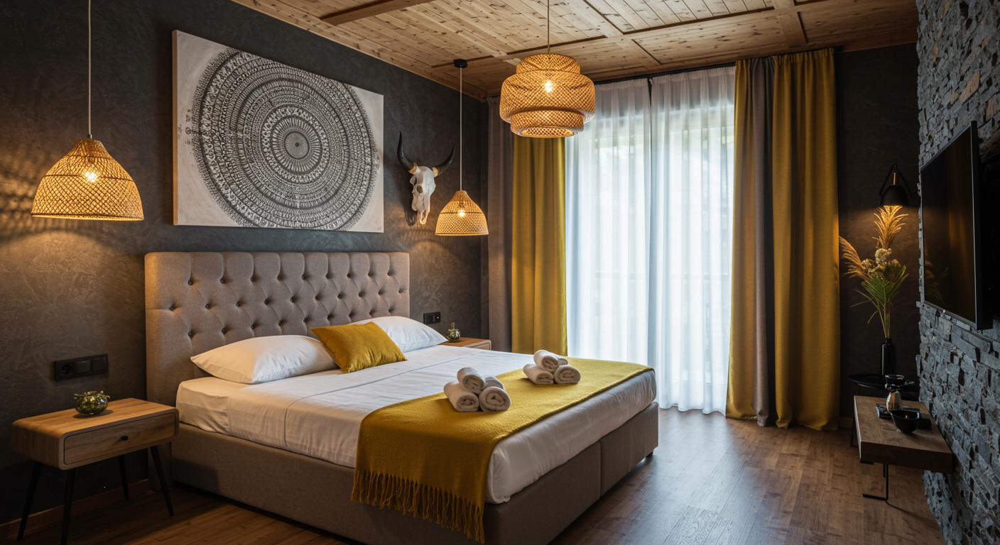 Bedroom interior with decorative panel and shiny lamps