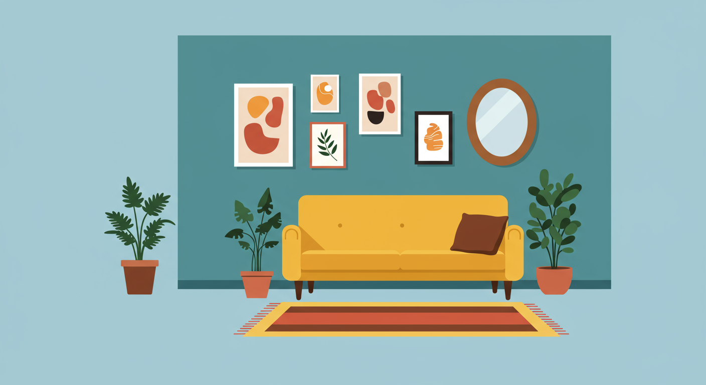 Illustrated living room with a mustard-yellow sofa, framed art, potted plants, and an oval mirror.