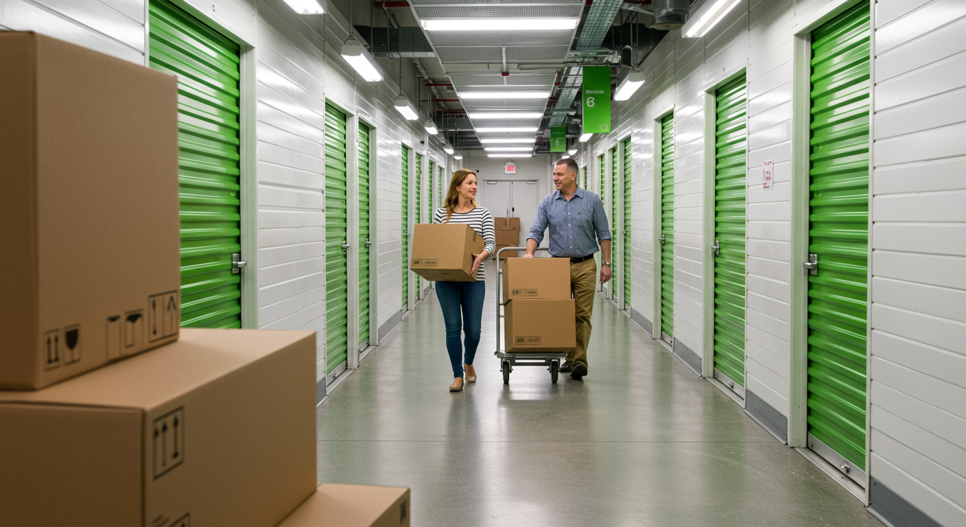 A couple carries moving boxes through a storage facility lined with green unit doors.