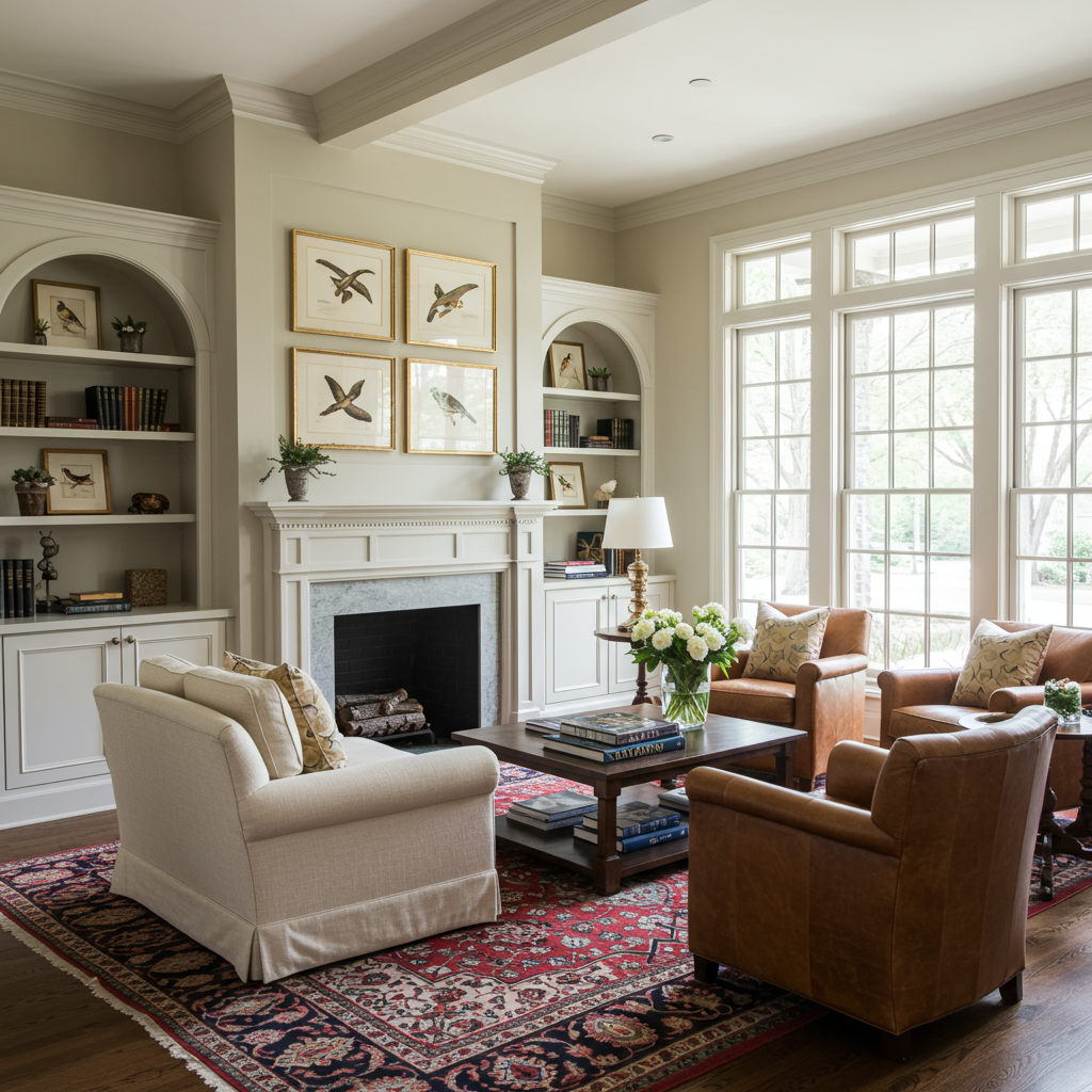 Furnished living room with a white fireplace, built-in shelves, and tall windows.