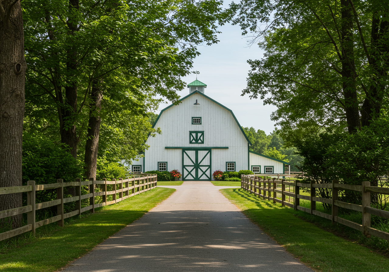 road through a wooded area with fences on either side, leading up to Two Trees Stables building