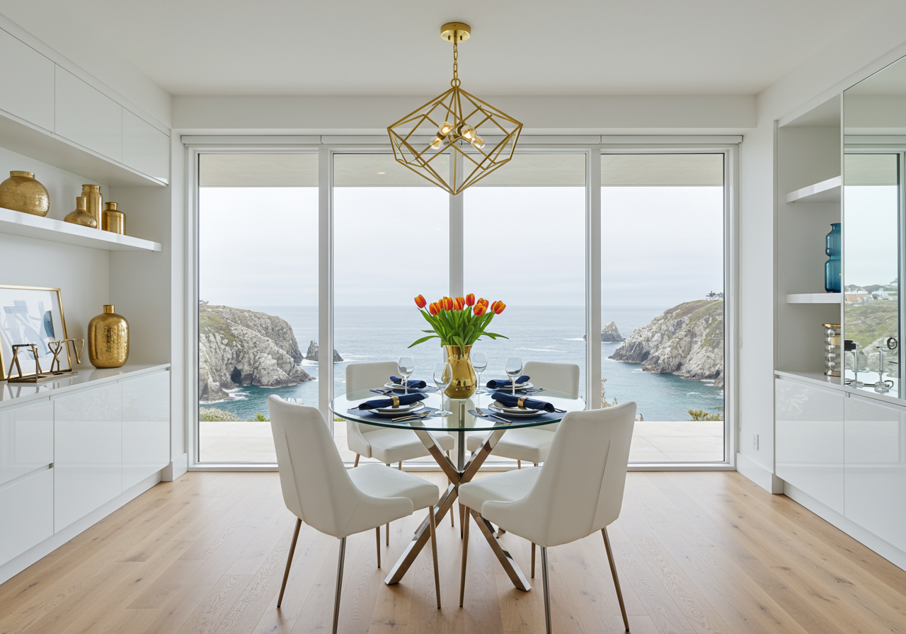 Condo interior, dining room table with wall of glass overlooking ocean view