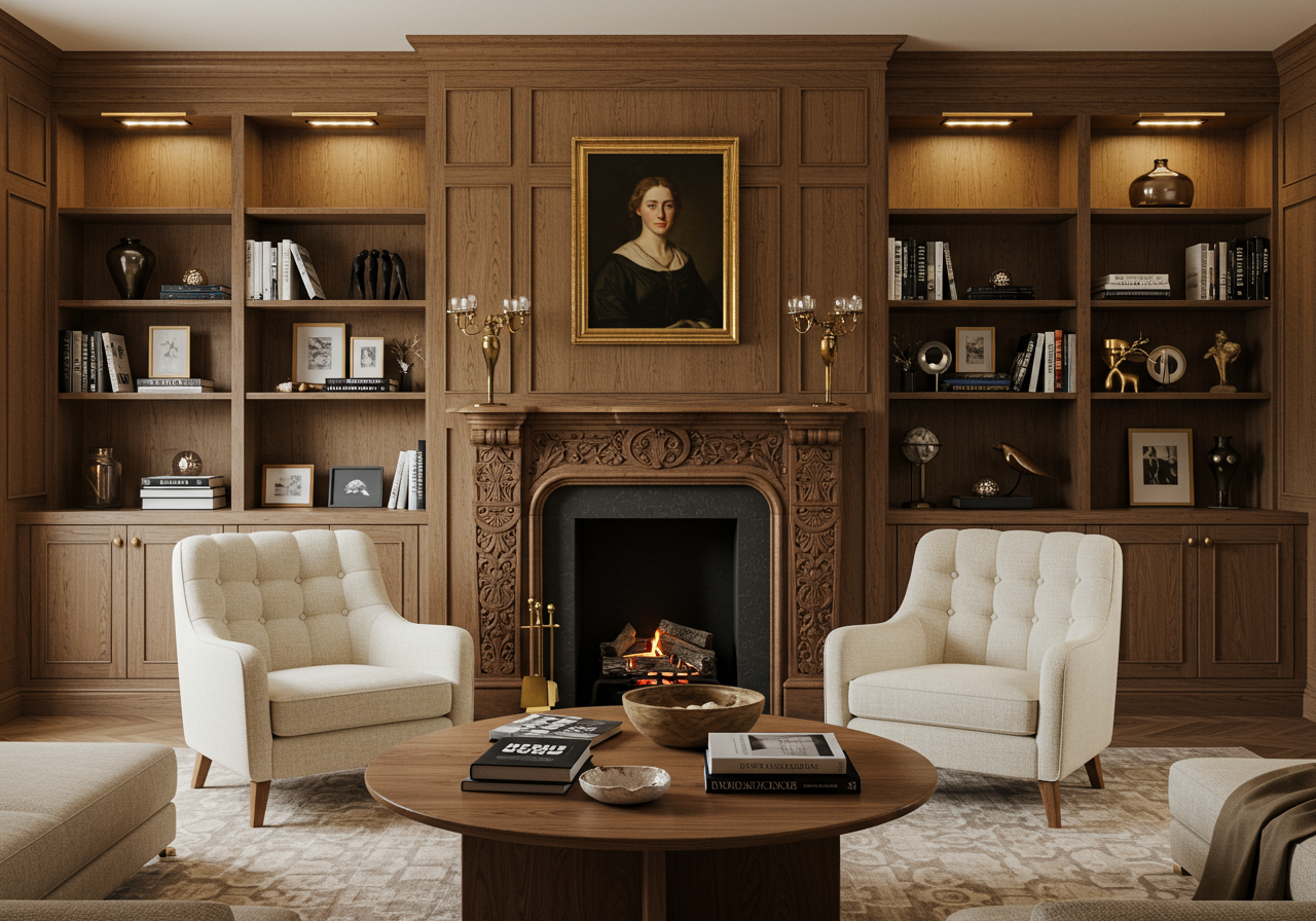 Image may contain Indoors Interior Design Fireplace Lamp Chair Furniture Book Publication Architecture and Building