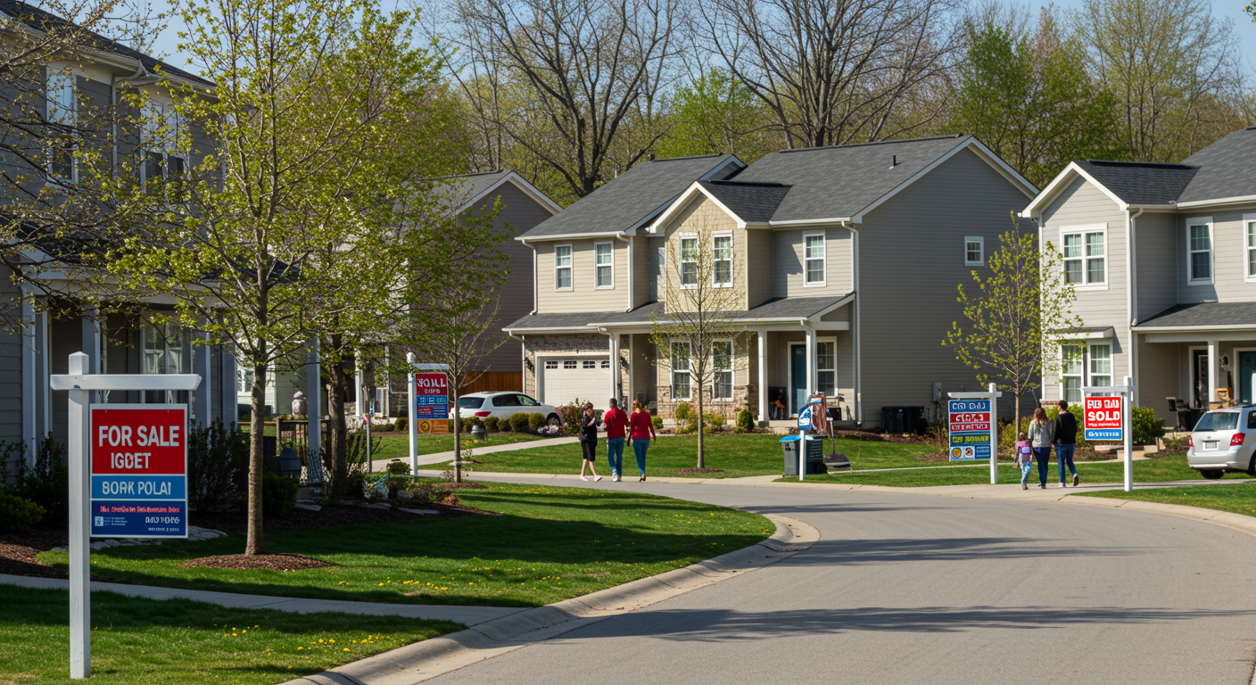 Spring residential street with detached houses, for-sale signs, leafy trees, and people walking along the sidewalk.