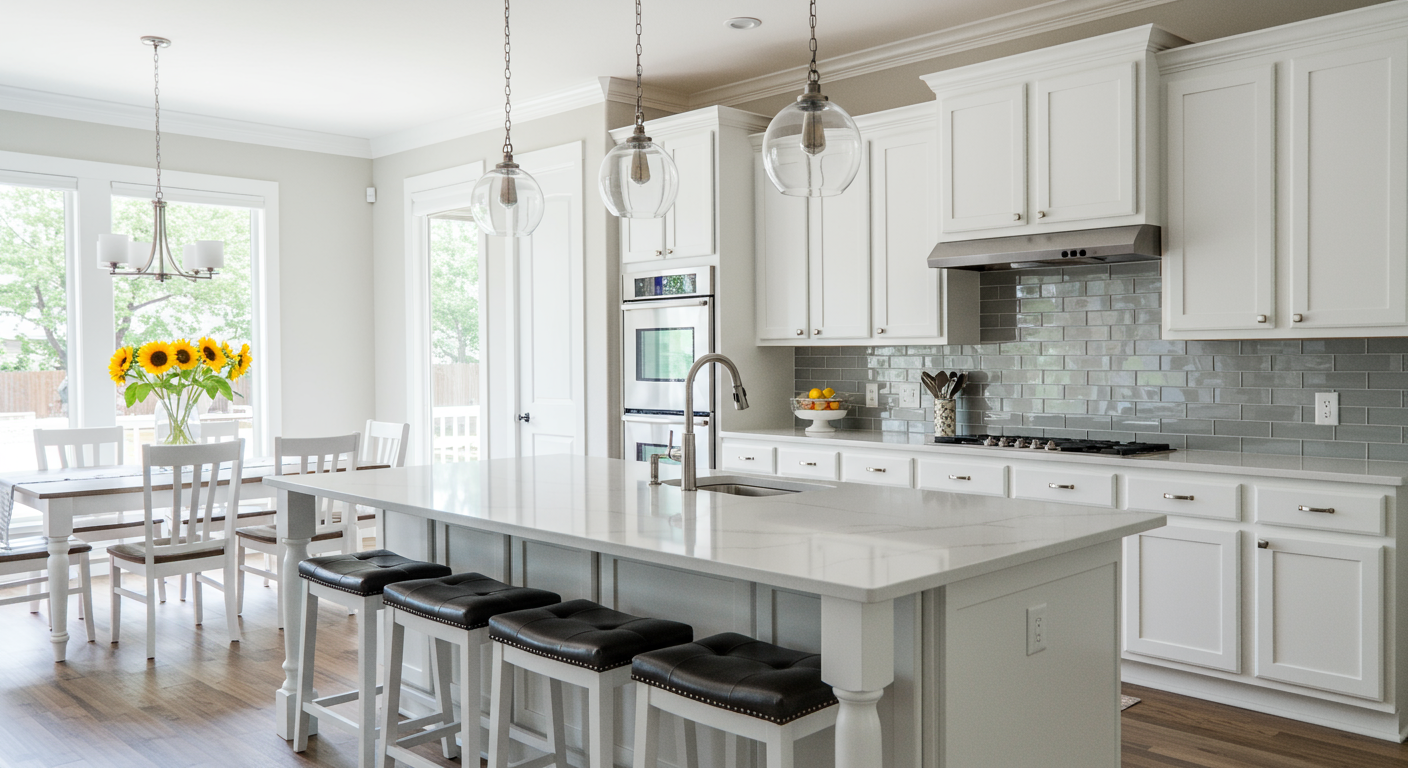 large white kitchen with white cabinets and hanging lights