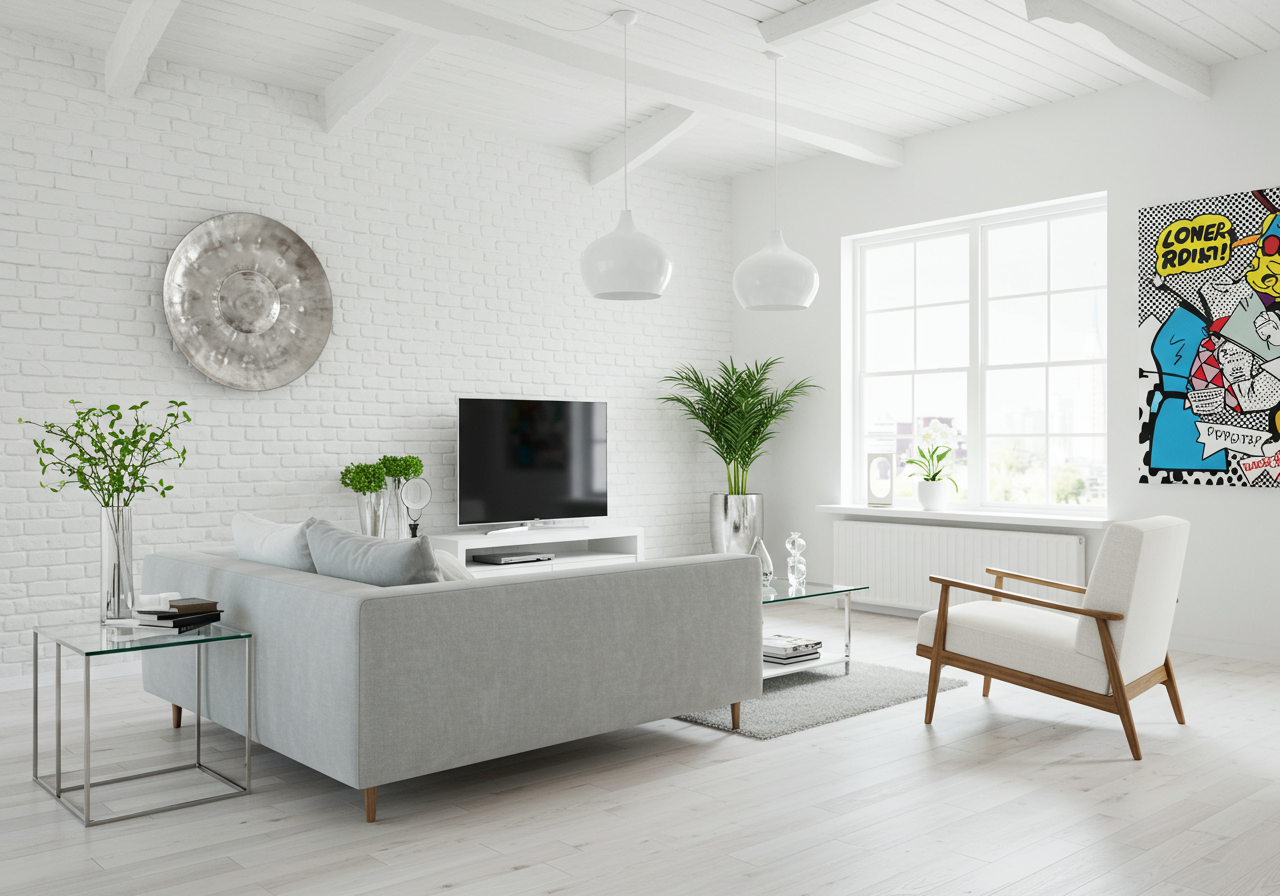 Bright living room with white brick walls, a gray sofa, large windows, and colorful pop-art.