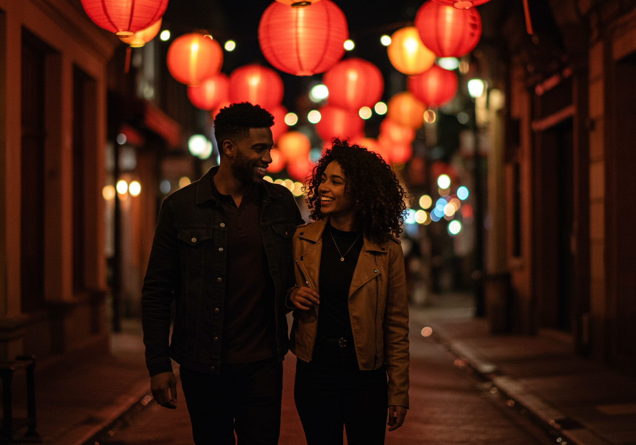 Happy couple walking in Chinatown downtown Oakland