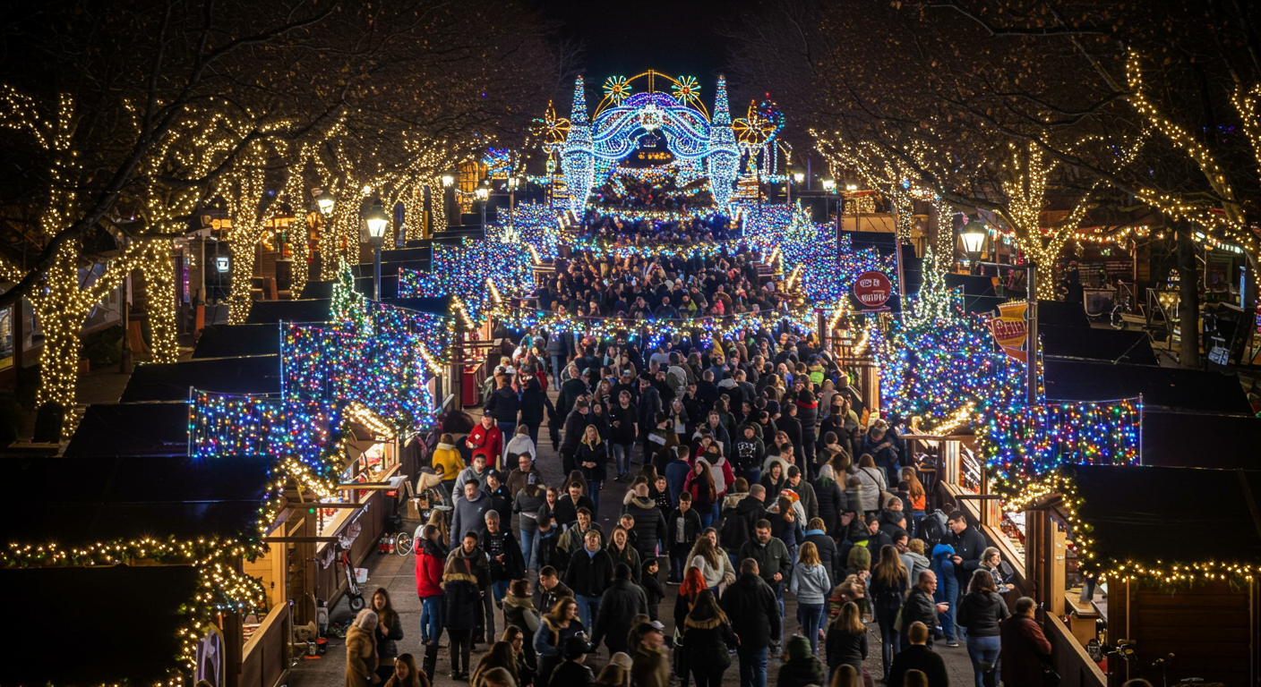 Crowds walk through vendors lit up with holiday lights at Enchant San Jose.