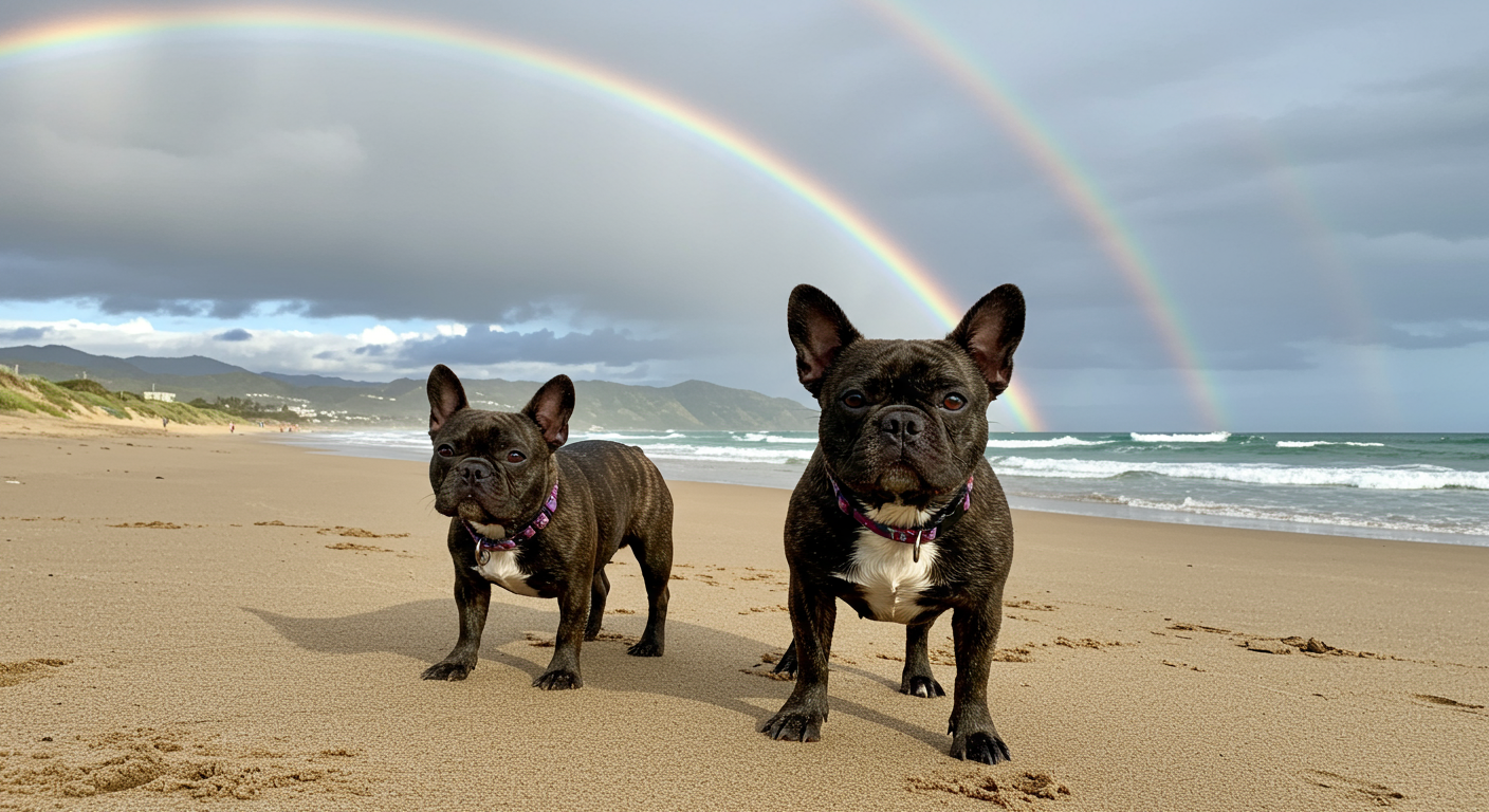 french bulldogs on the beach with a rainbow in the background