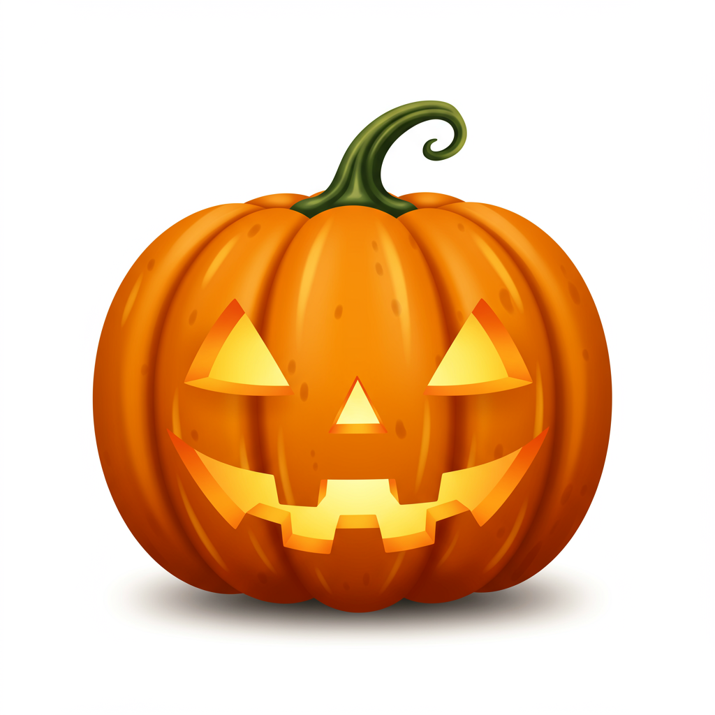 Smiling orange jack-o’-lantern with a curled green stem.