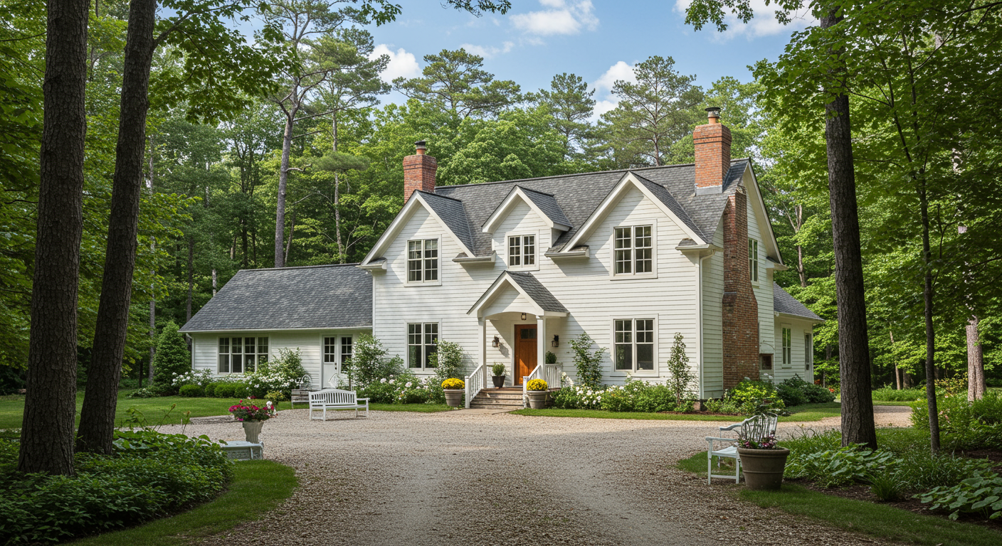 White gabled farmhouse with brick chimneys, framed by mature trees beside a wide gravel drive.
