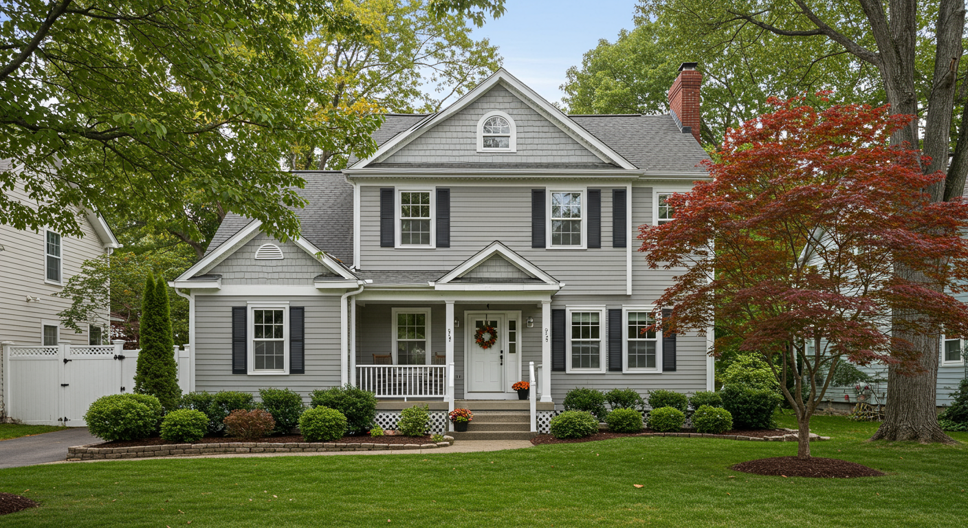 Two-story gray house with a covered porch, white entry door, broad lawn, and mature trees.