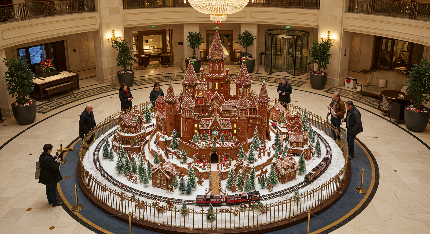 People gather around an enormous sugar castle display at the Westin St. Francis in San Francisco
