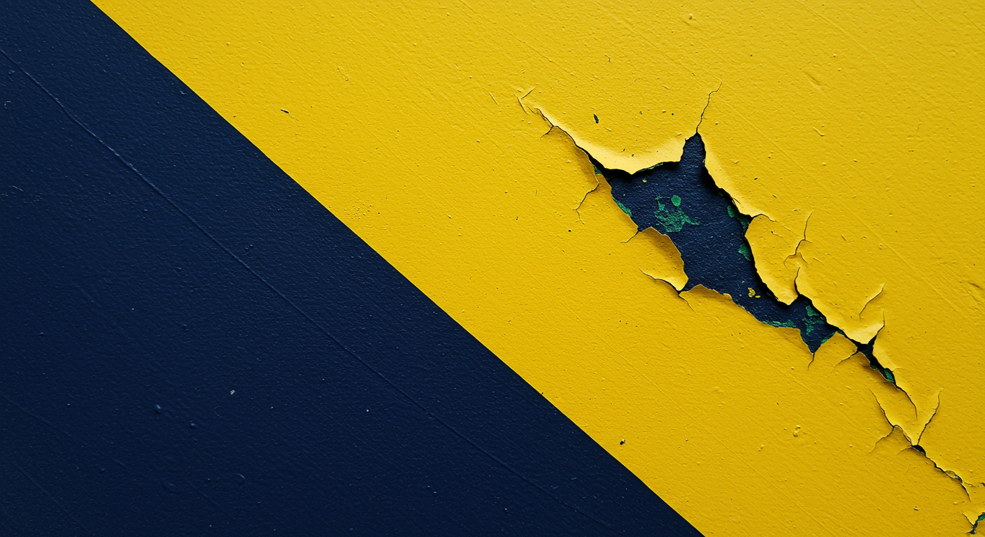 Cracked yellow paint peeling away to reveal a dark navy layer.