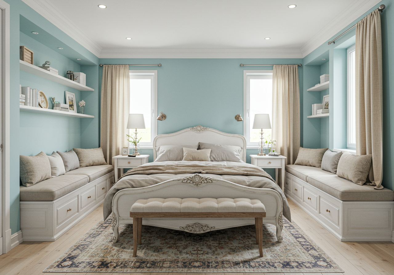 Bedroom with a carved white bed, built-in window seats, pale blue walls, and a patterned rug.