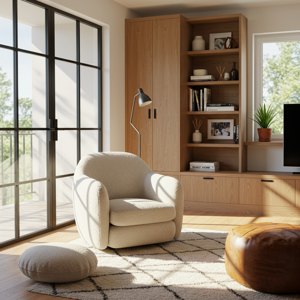 a bright living room features a textured white chair with rounded lines and a decorative pillow