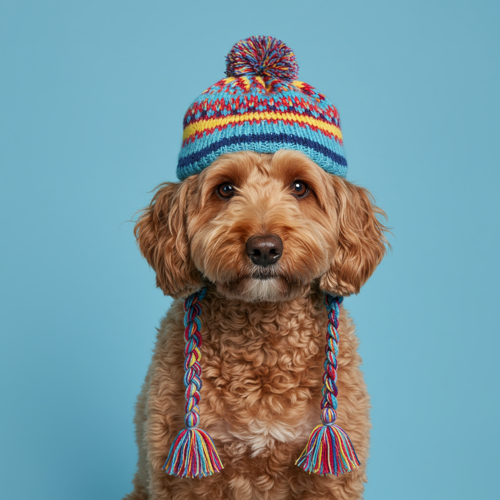 A dog, with a hat seemingly smiling for the photo.