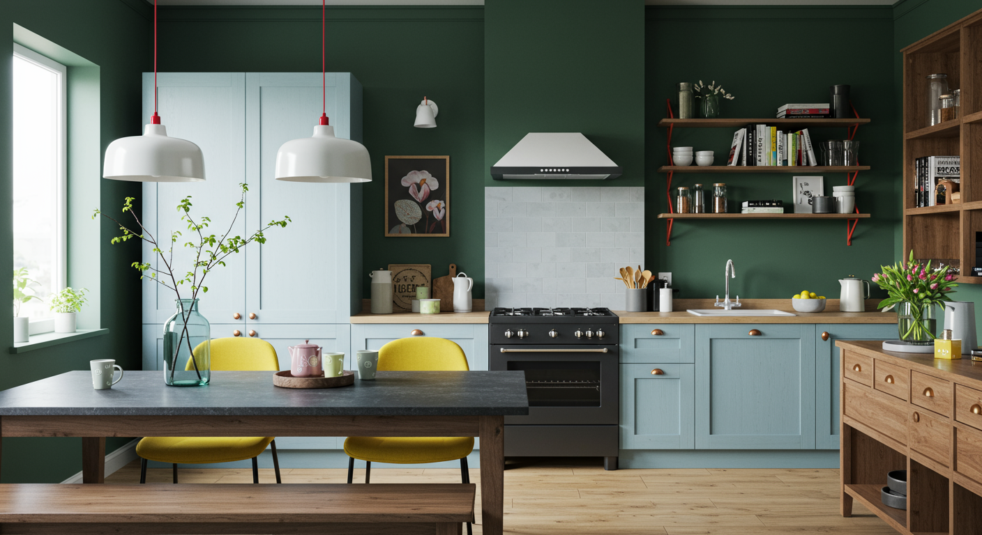 A living room painted in F&B Beverly No.310 and Selvedge No.306