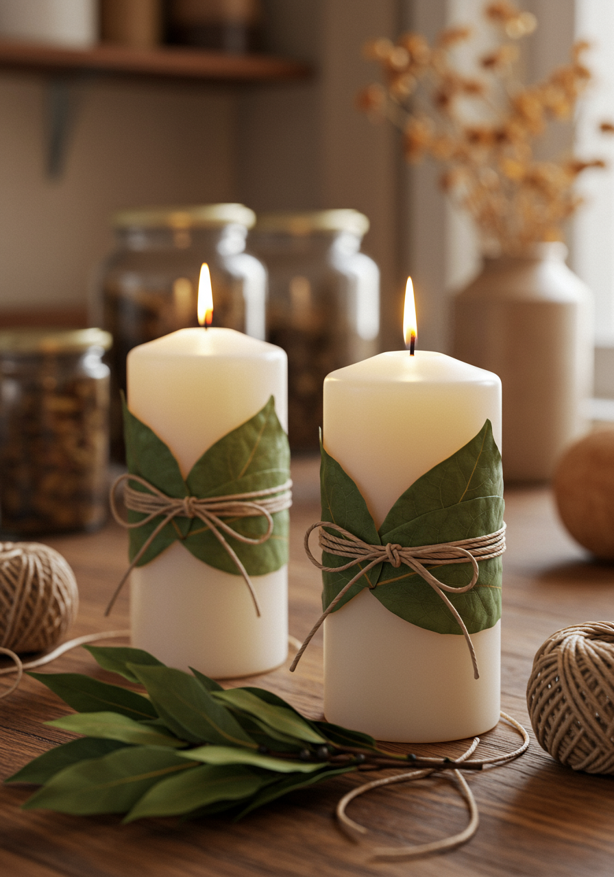 pillar candle with leaves tied around it