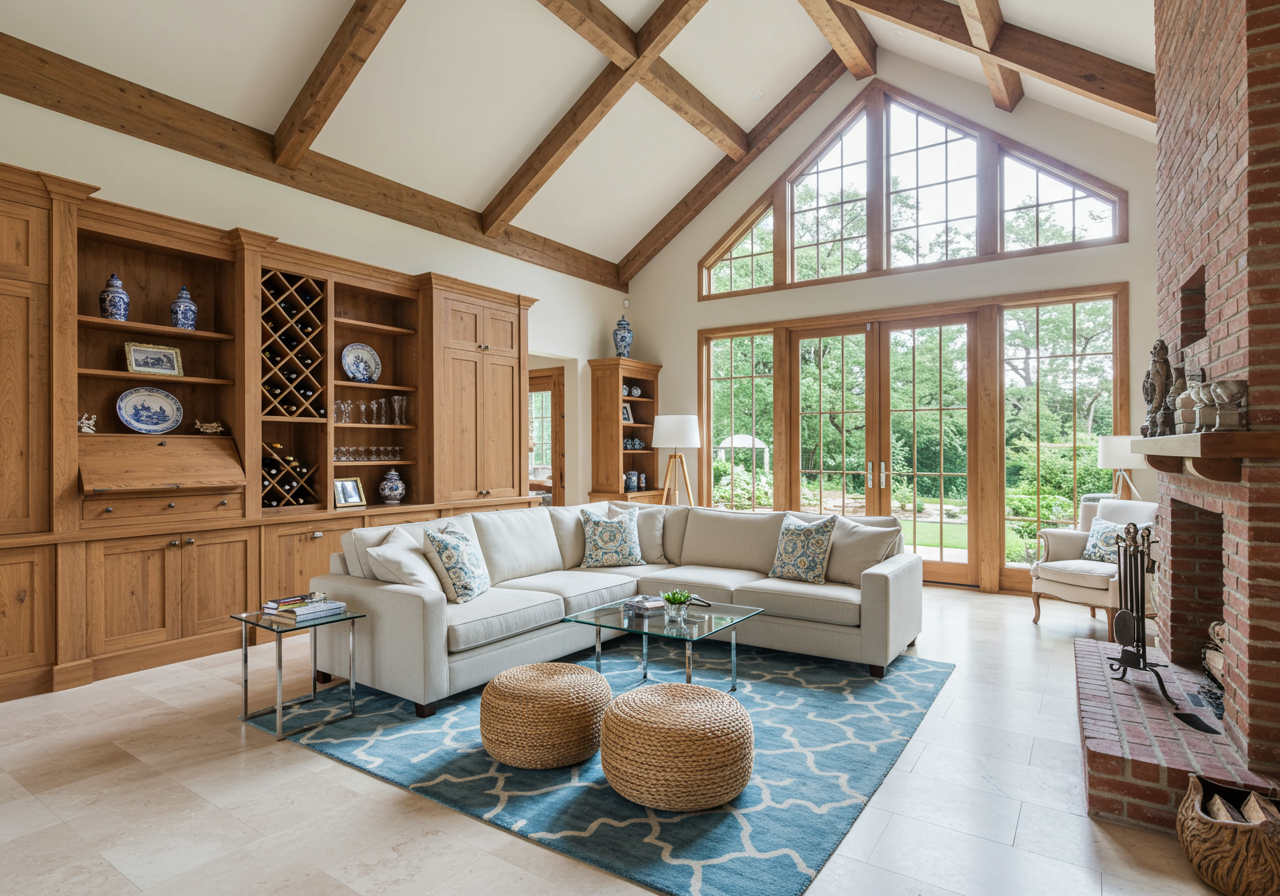 Living room with high vaulted, wood beamed ceilings, custom brick built-ins and wet bar 