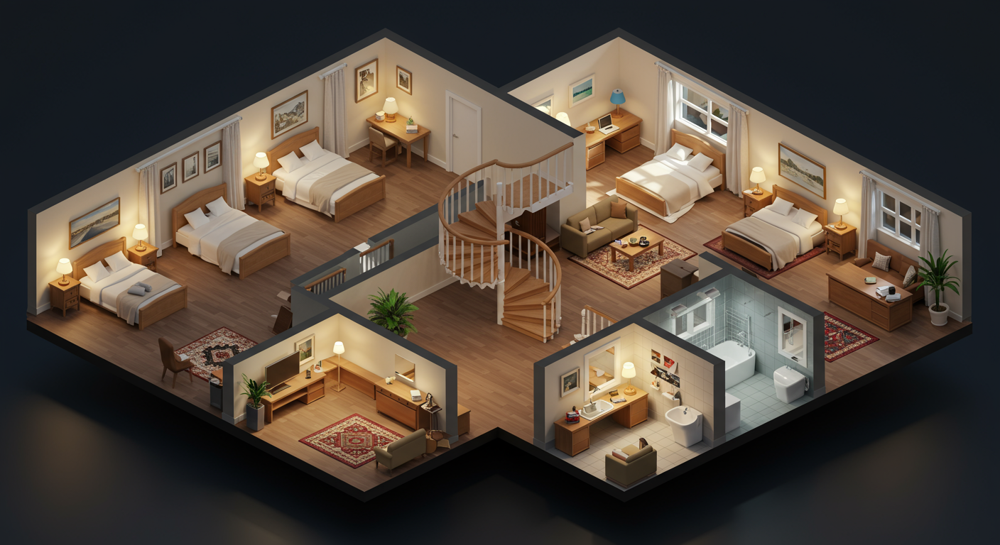 Dollhouse view of 3D Matterport tour with blue play button over house image on black background