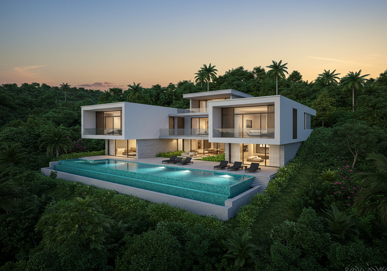 The house is nestled into its hillside site. Rainwater is collected treated and stored beneath the pool.