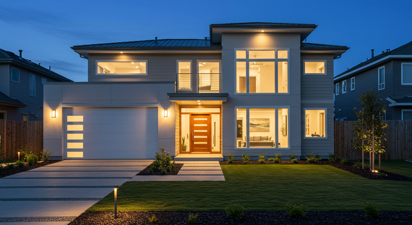 A modern house with large windows illuminated from the inside.