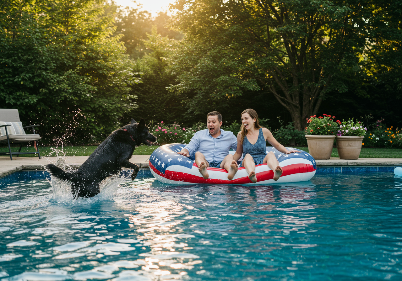Michele Harrington with her husband and dog in their backyard pool, playing