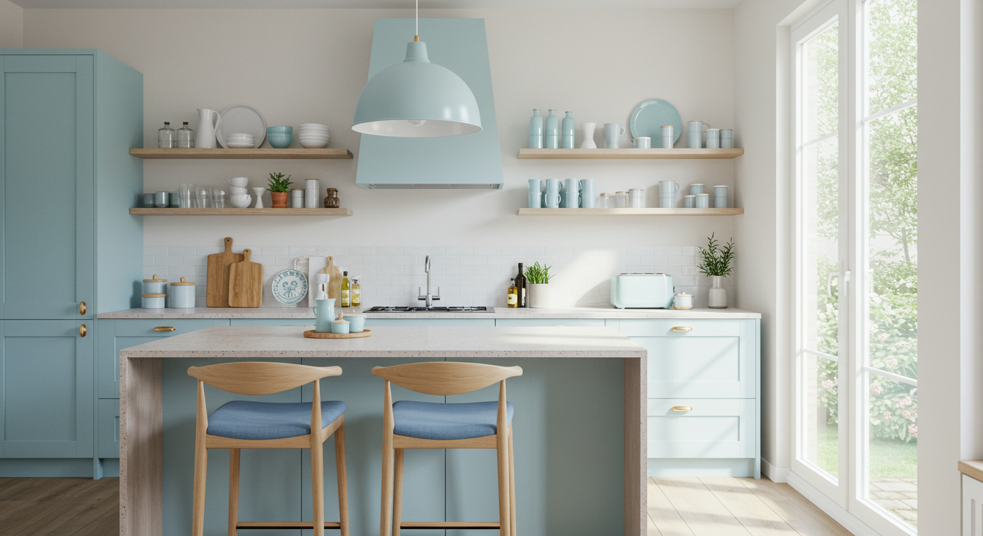 Pale blue kitchen with open shelves, a large island, wooden bar stools, and tall glass doors.
