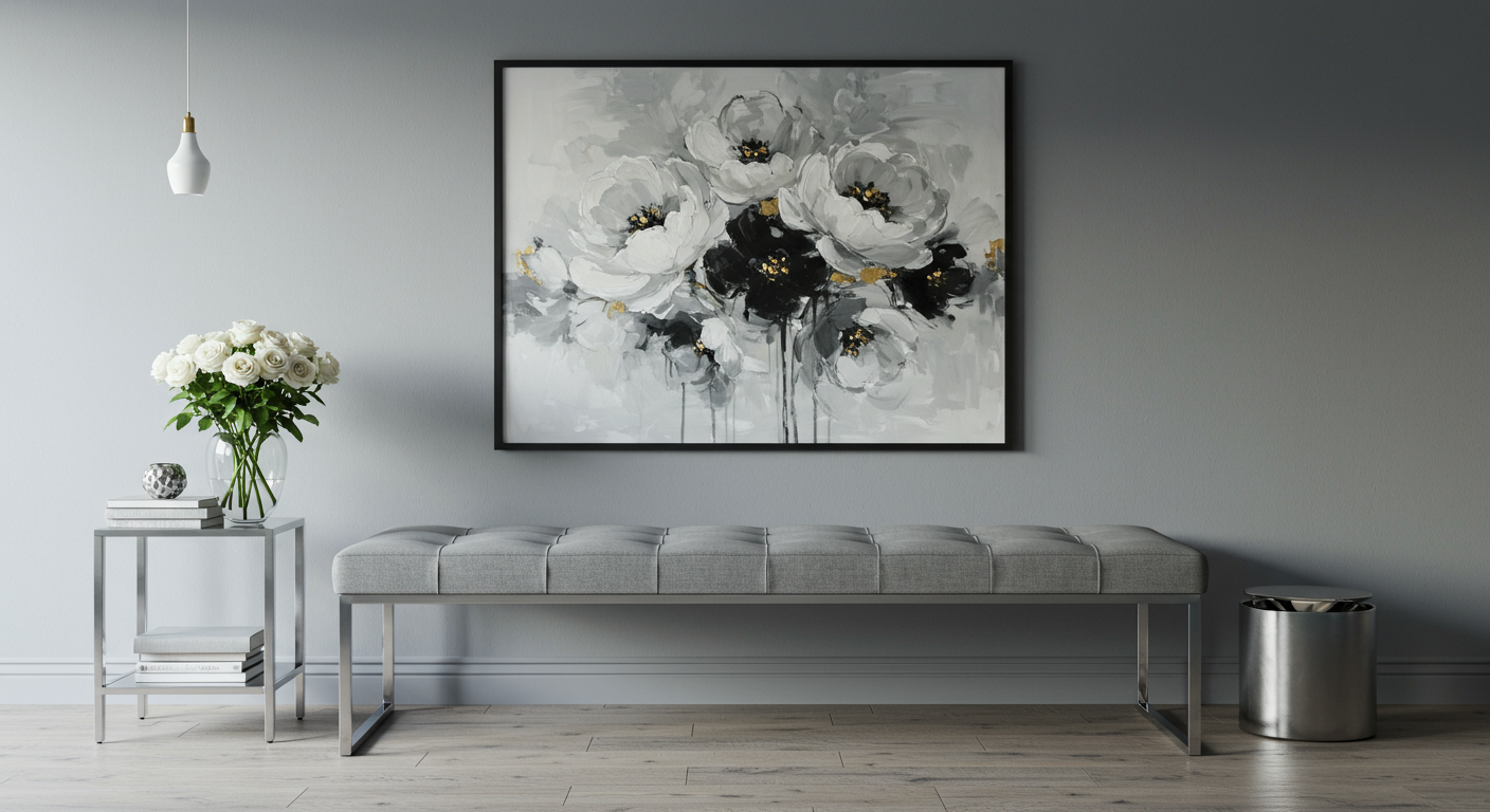 Gray upholstered bench beneath a large abstract floral painting, with white roses on a side table.
