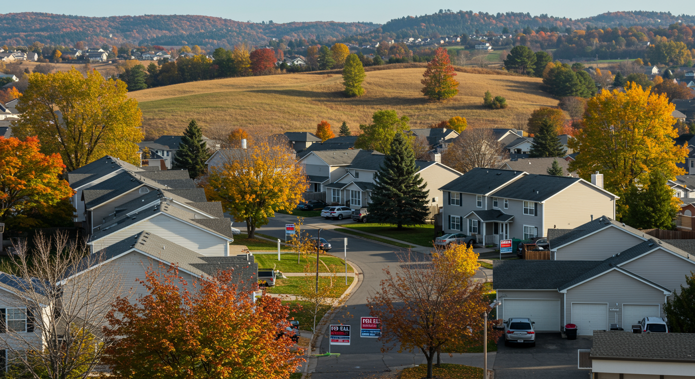 Suburban neighborhood with homes and real estate signs among colorful autumn trees.