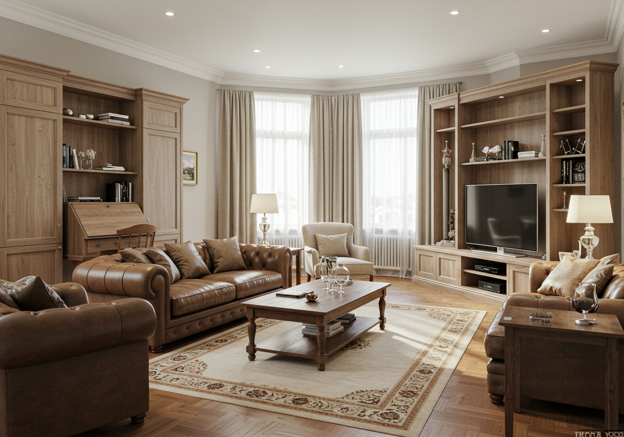 Furnished living room with brown leather sofas, built-in wood shelving, and tall curtained windows.