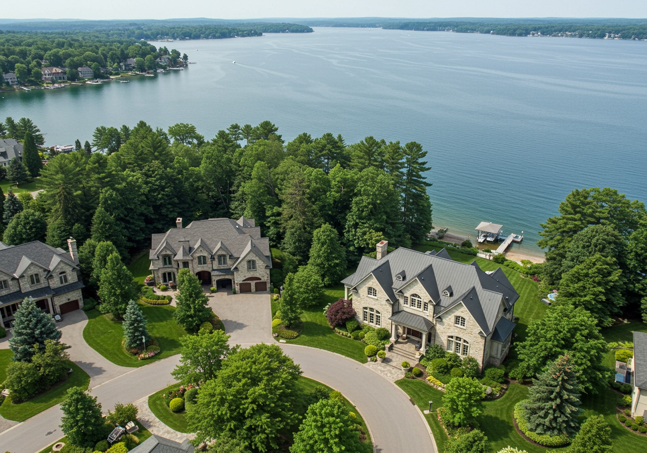 Waterfront homes among trees beside a lake, with a dock and curved residential road.