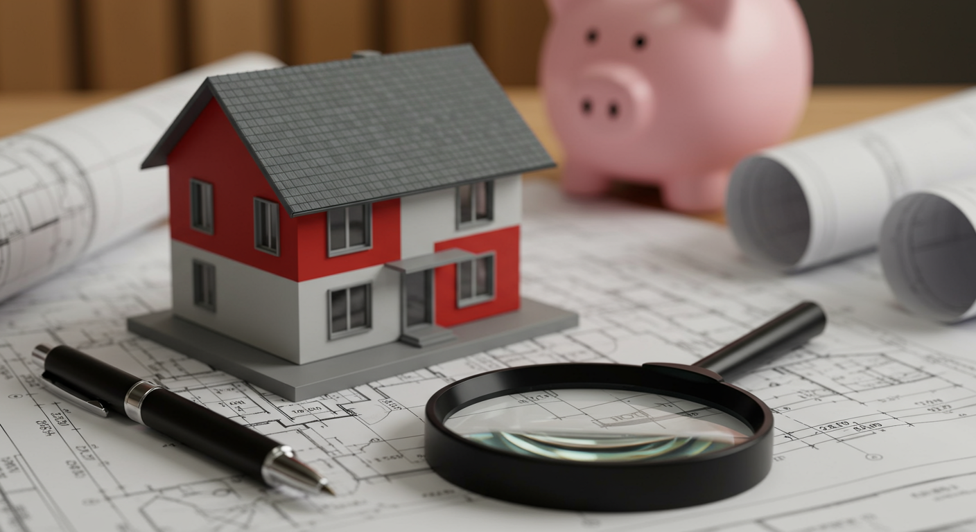 magnifying glass on a map with a model home, representing a search for a new home