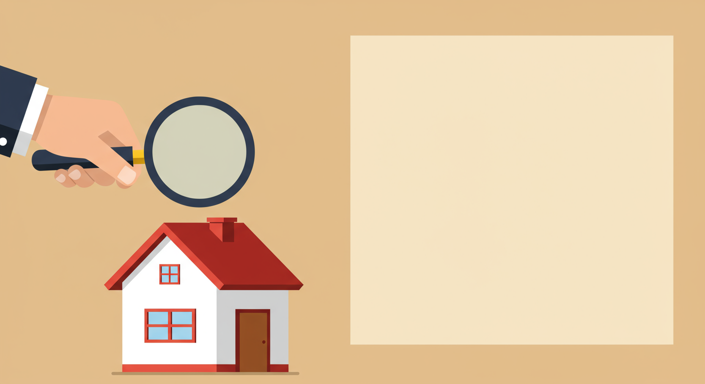 A hand examines a small white house with a magnifying glass beside a blank panel.