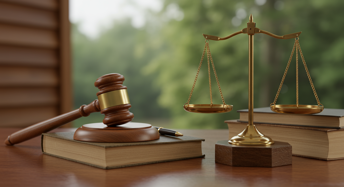 A judge’s gavel and brass scales of justice rest on books beside a fountain pen.