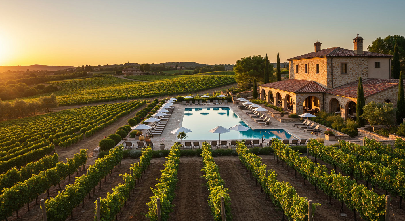 Allegretto Vineyard Resort - Sunset overlooking the vineyard and pool. 