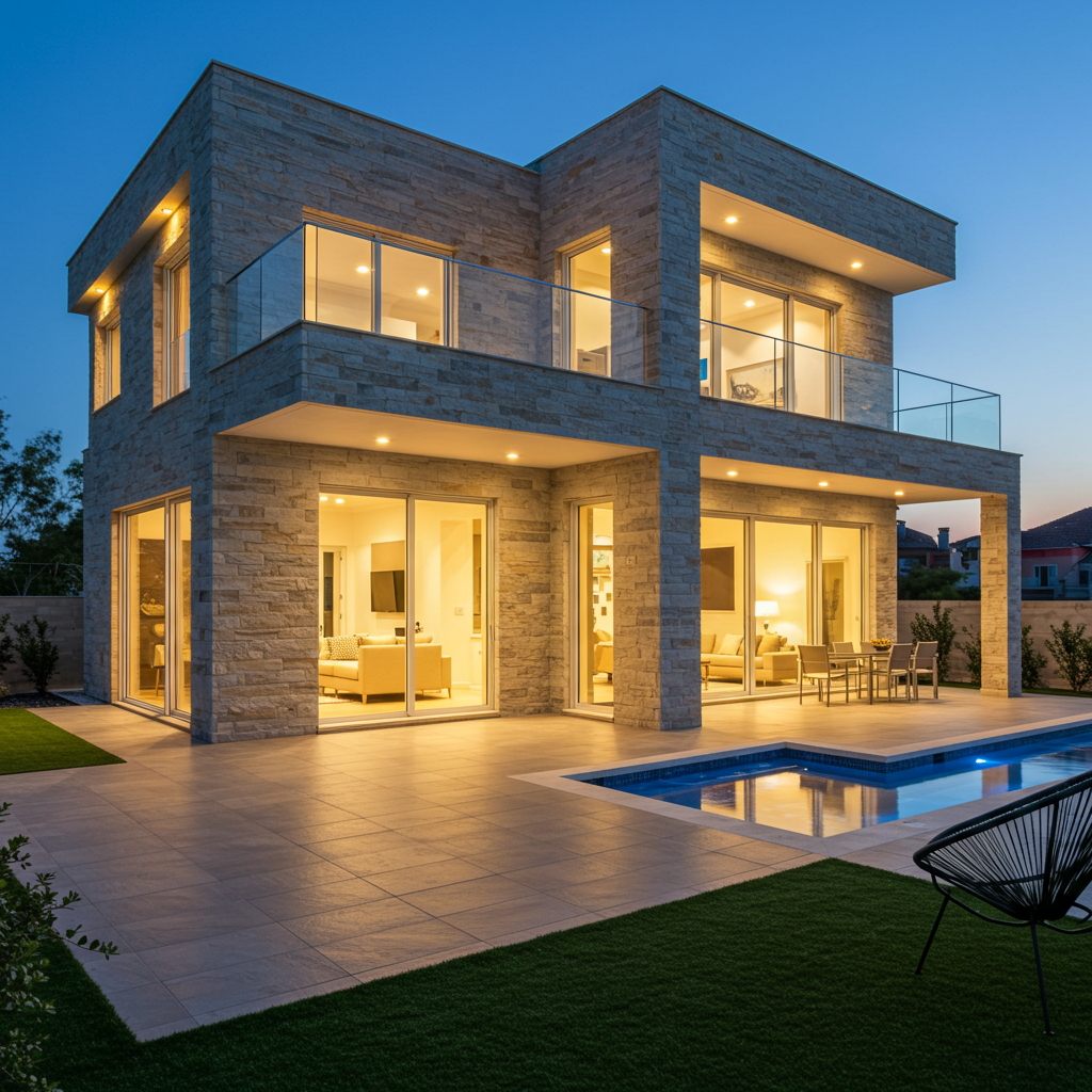 Modern stone home with a lit patio, glass balconies, and swimming pool at dusk.