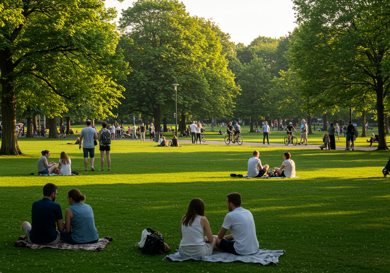 busy park in Columbus, IN with people walking and biking on a path and sitting on blankets in the grass